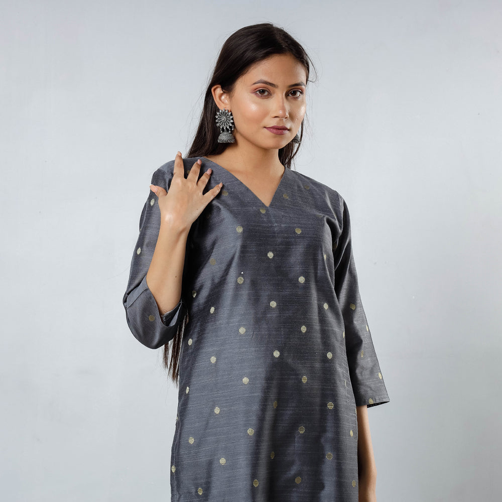 Buy Polka Zari Butta Spun Dupion Silk Long Kurta for Women