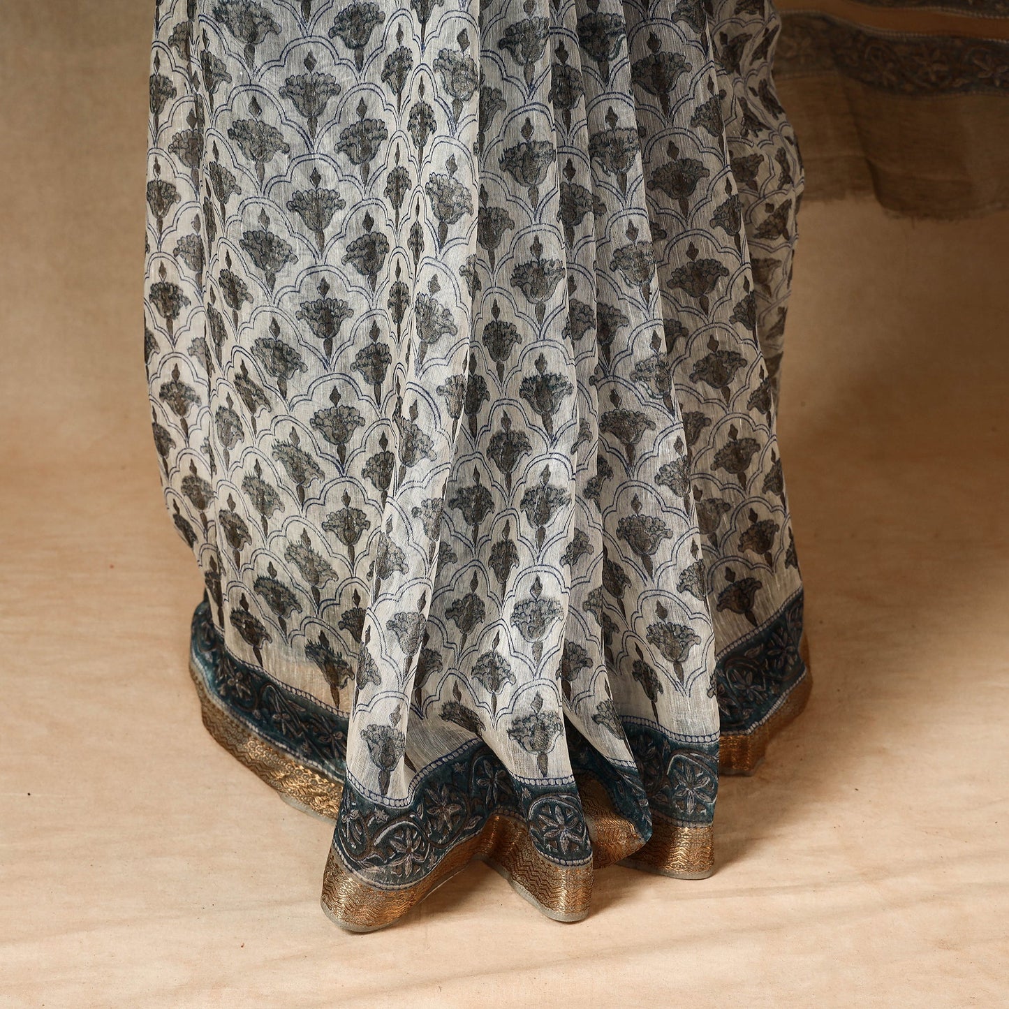 Buy Block Printed Chanderi Silk Sanganeri Saree