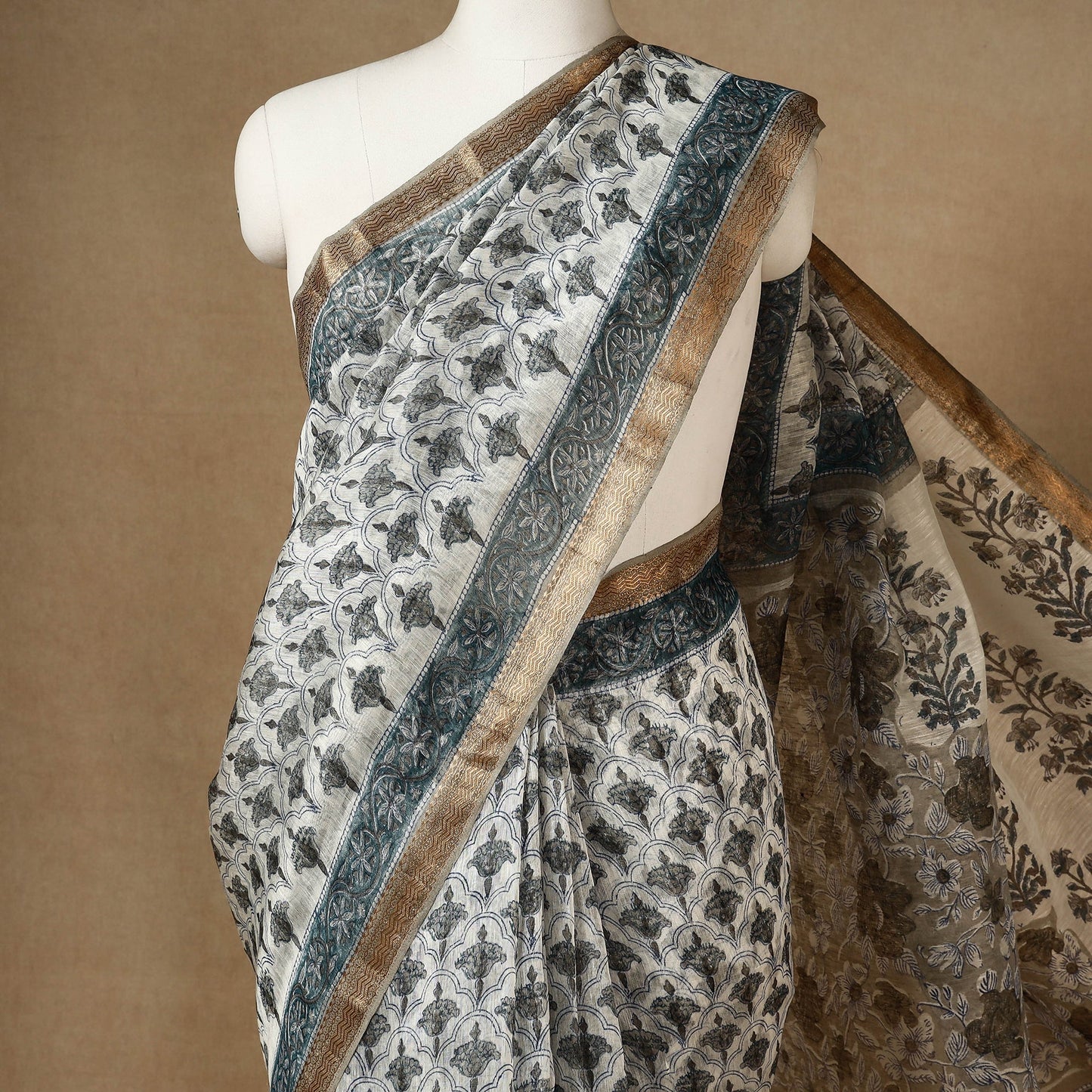 Buy Block Printed Chanderi Silk Sanganeri Saree