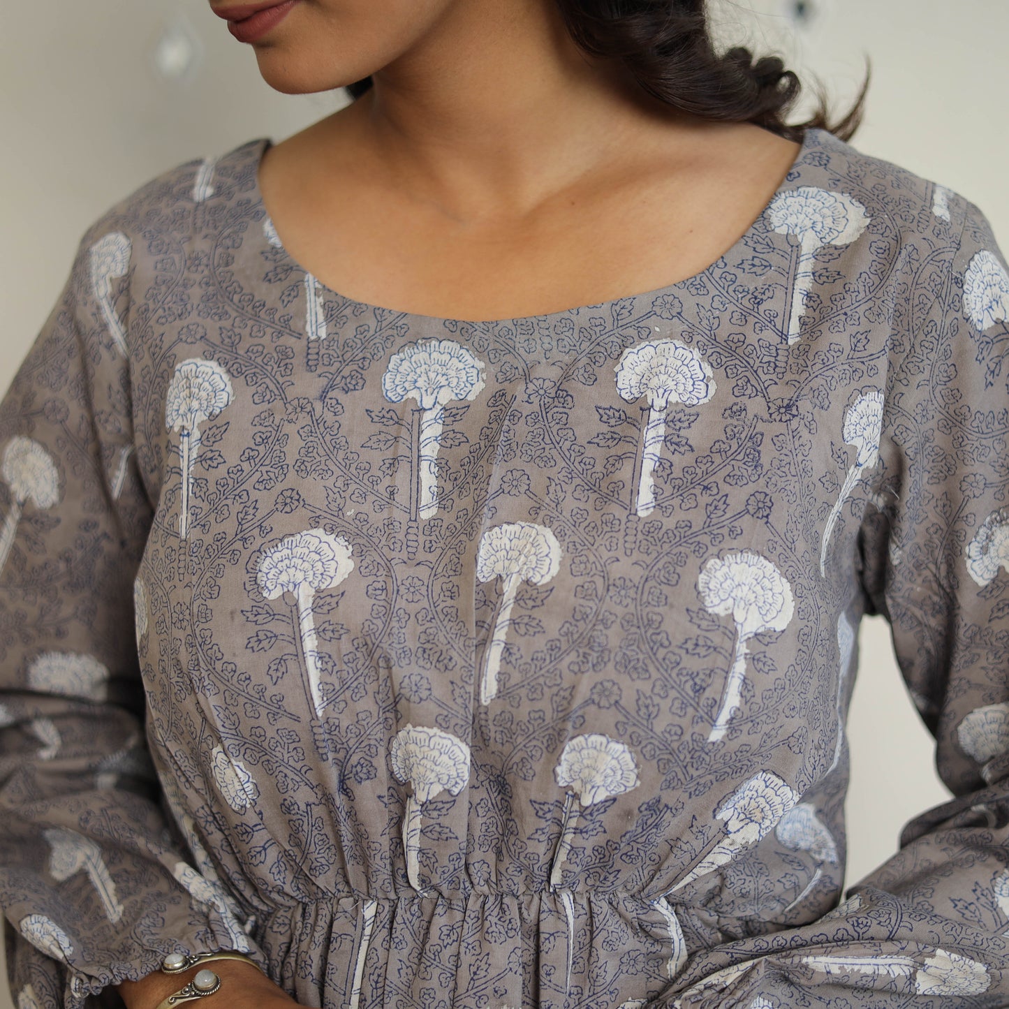 Buy Grey Block Printed Cotton Fit & Flare Bagru Dress