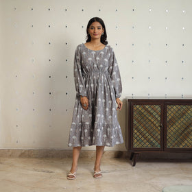 Buy Grey Block Printed Cotton Fit & Flare Bagru Dress