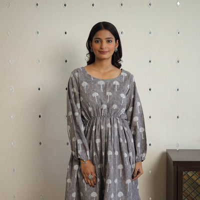 Buy Grey Block Printed Cotton Fit & Flare Bagru Dress