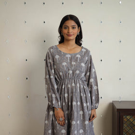 Buy Grey Block Printed Cotton Fit & Flare Bagru Dress