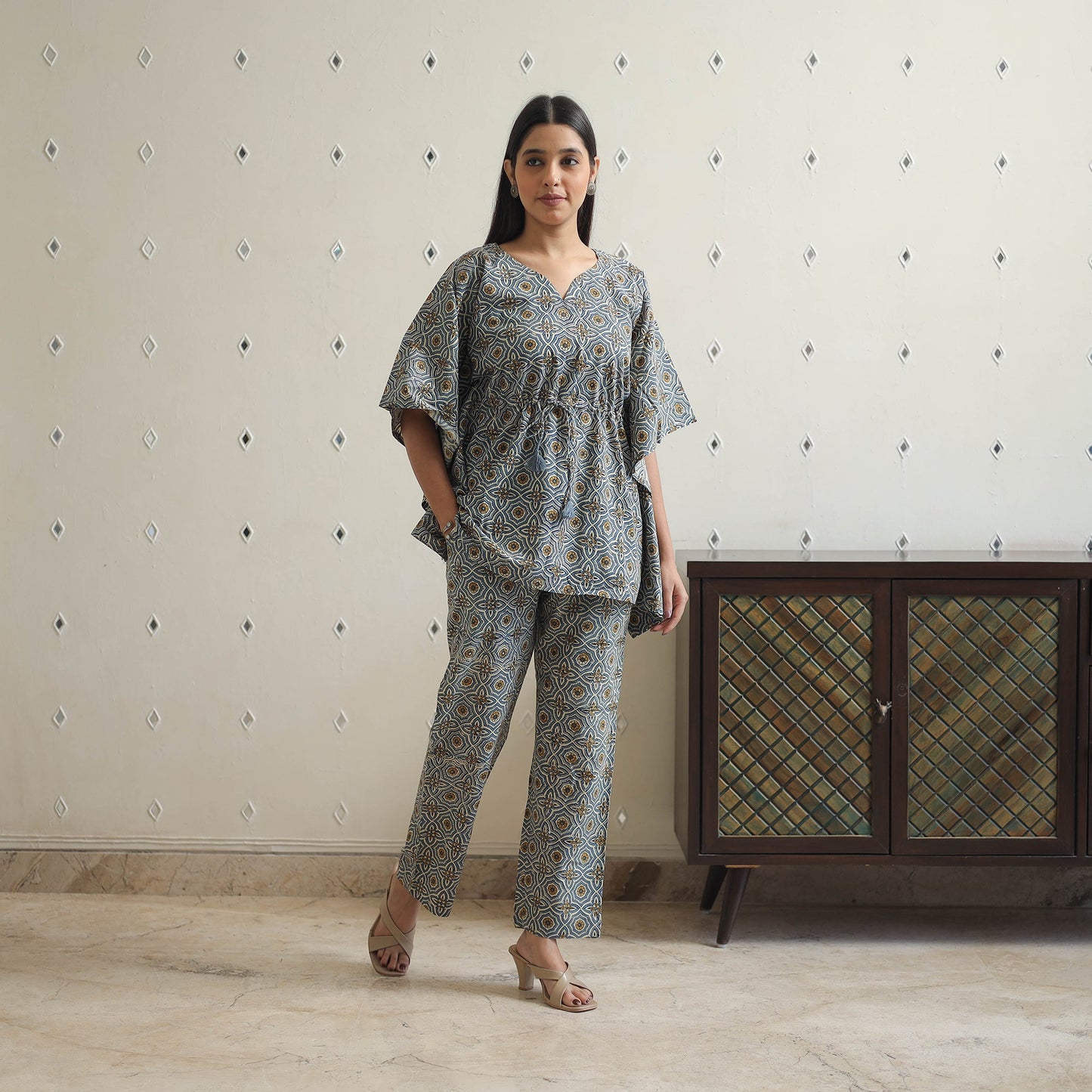 Grey - printed cotton kaftan co-ord set 15 - handcrafted