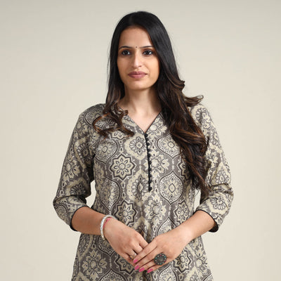 Buy Ajrakh Block Printed Cotton Long Kurta for Women