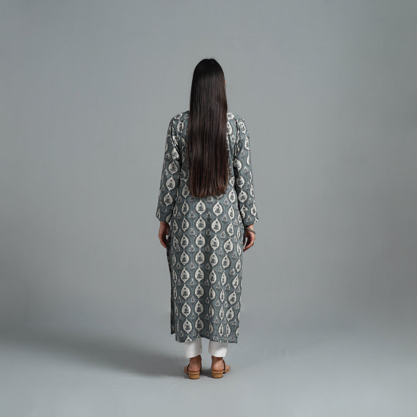  Grey Block Printed Cotton Straight Bagru Kurta for Women