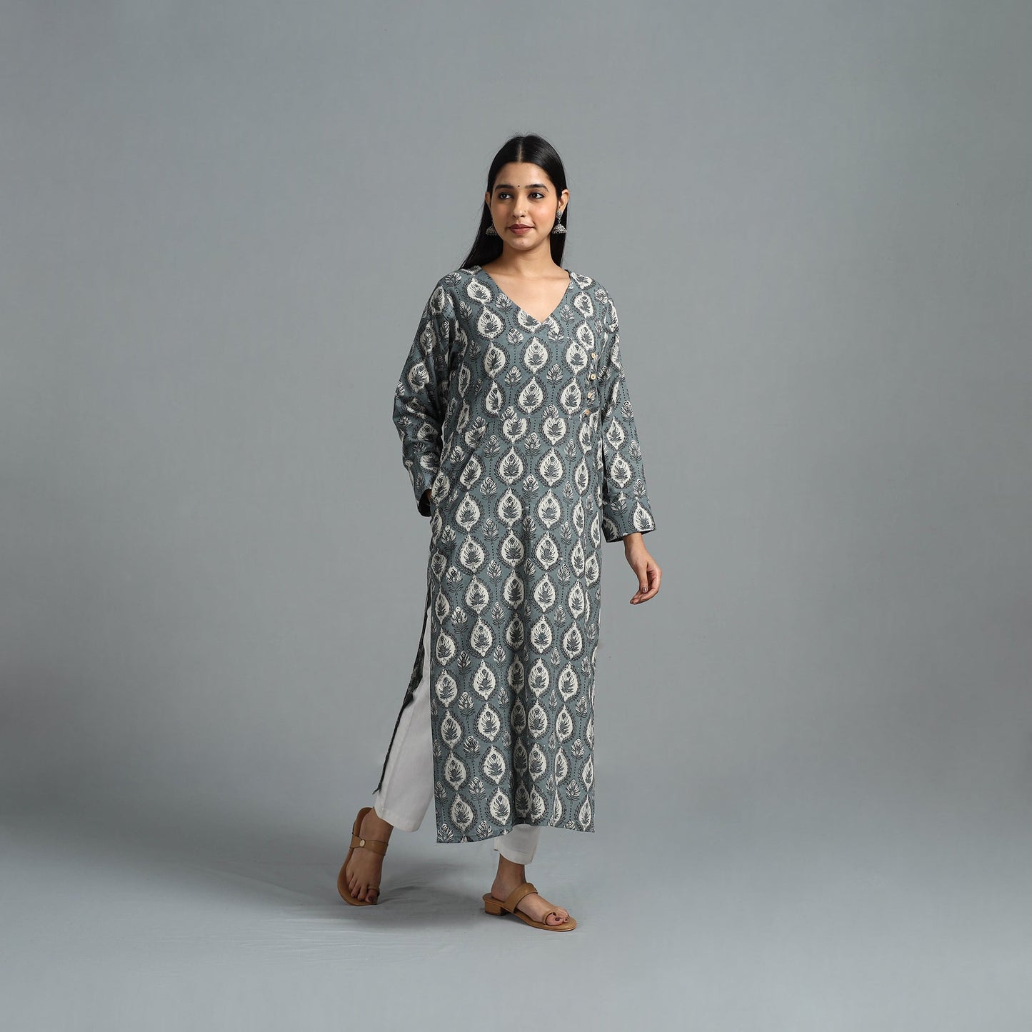  Grey Block Printed Cotton Straight Bagru Kurta for Women