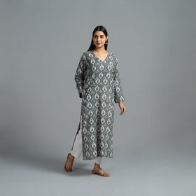  Grey Block Printed Cotton Straight Bagru Kurta for Women