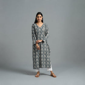  Grey Block Printed Cotton Straight Bagru Kurta for Women