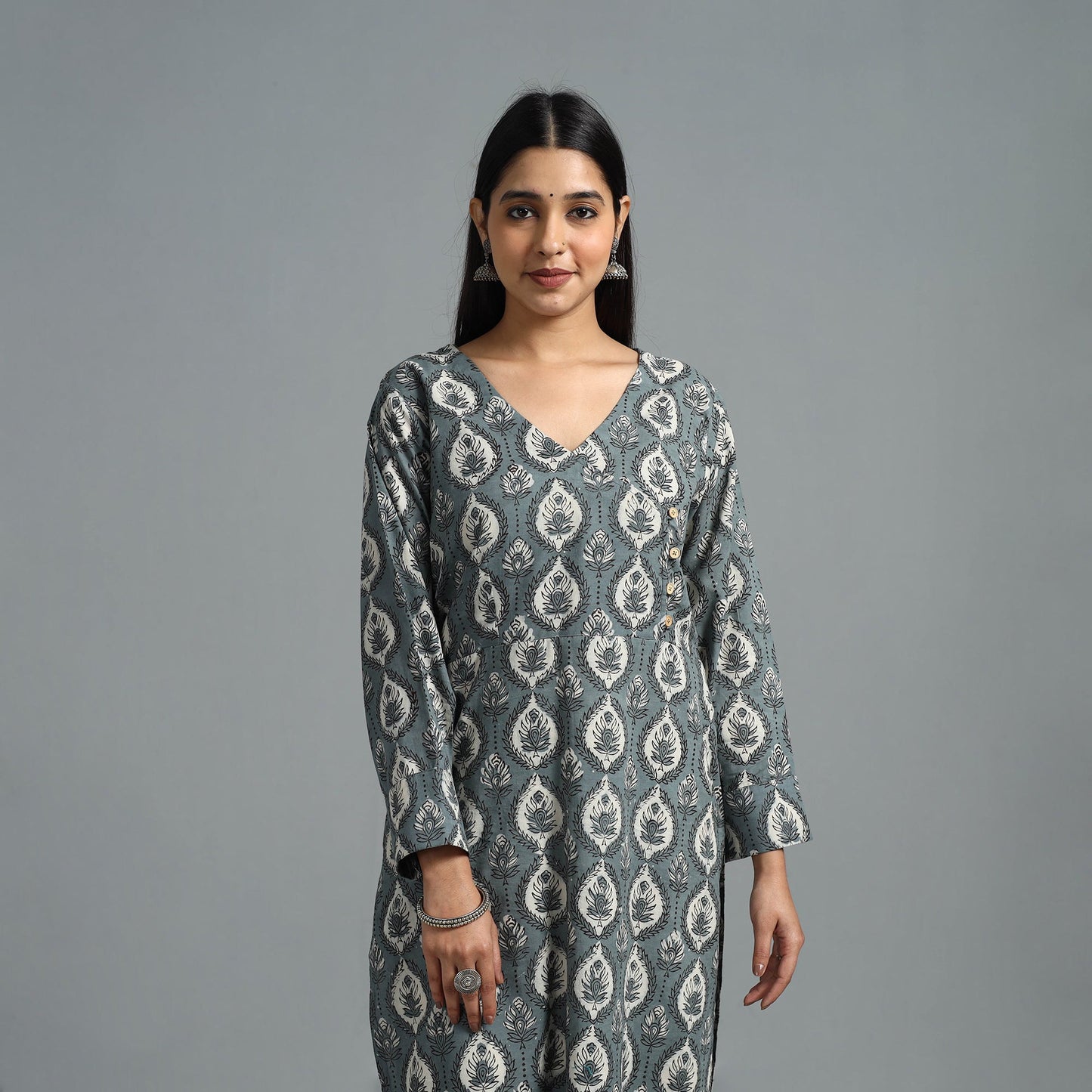  Grey Block Printed Cotton Straight Bagru Kurta for Women