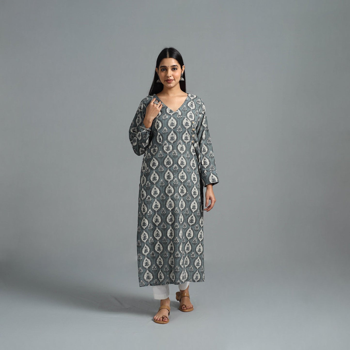 Grey Block Printed Cotton Straight Bagru Kurta for Women