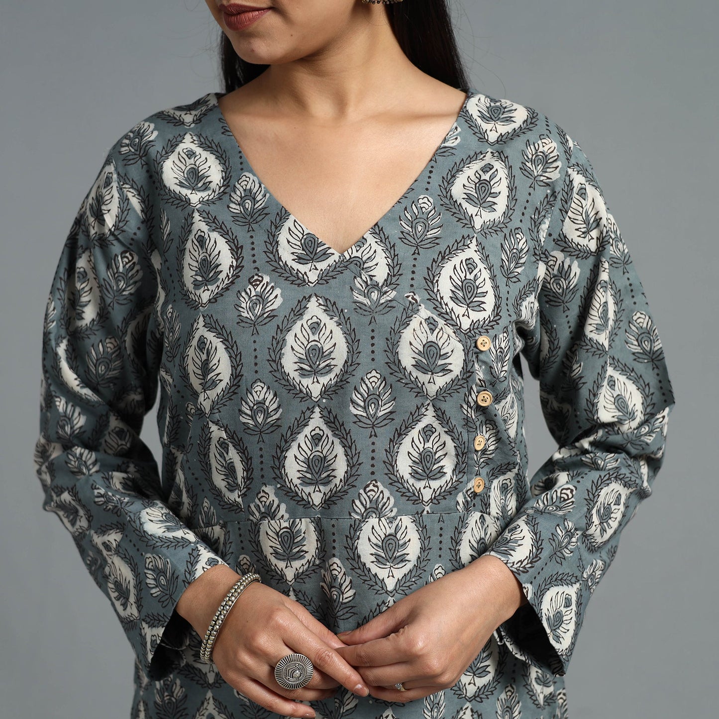  Grey Block Printed Cotton Straight Bagru Kurta for Women