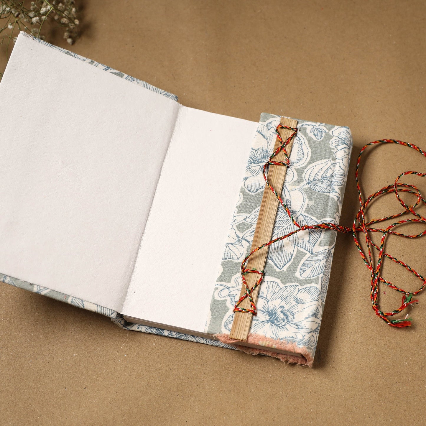Printed fabric cover handmade paper notebook with thread