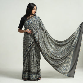  Grey Block Printed Mul Cotton Ajrakh Saree