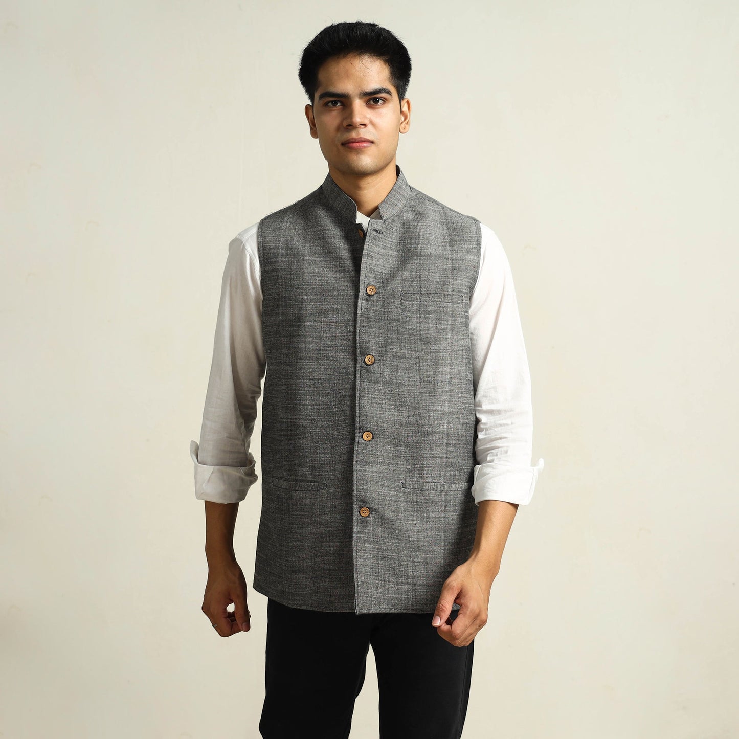 Grey - pure cotton handloom men nehru jacket 03