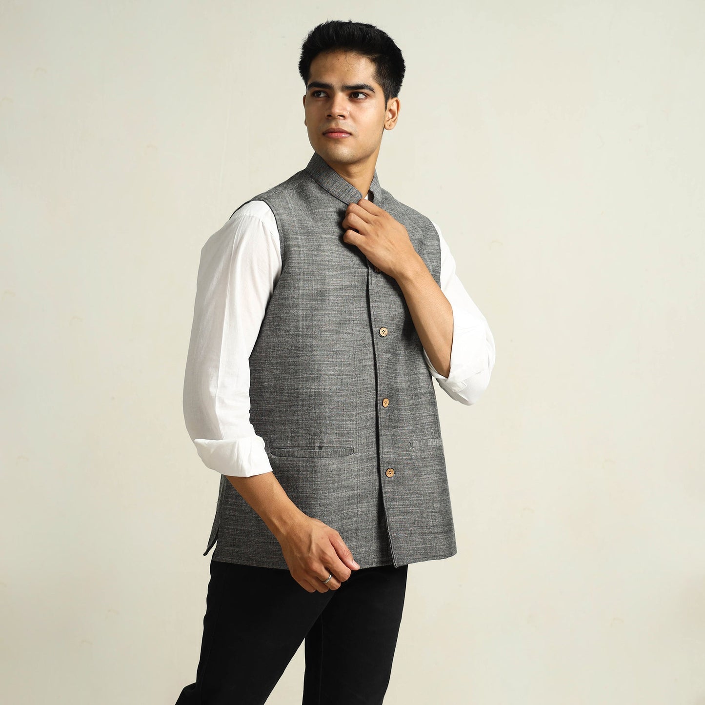 Grey - pure cotton handloom men nehru jacket 03