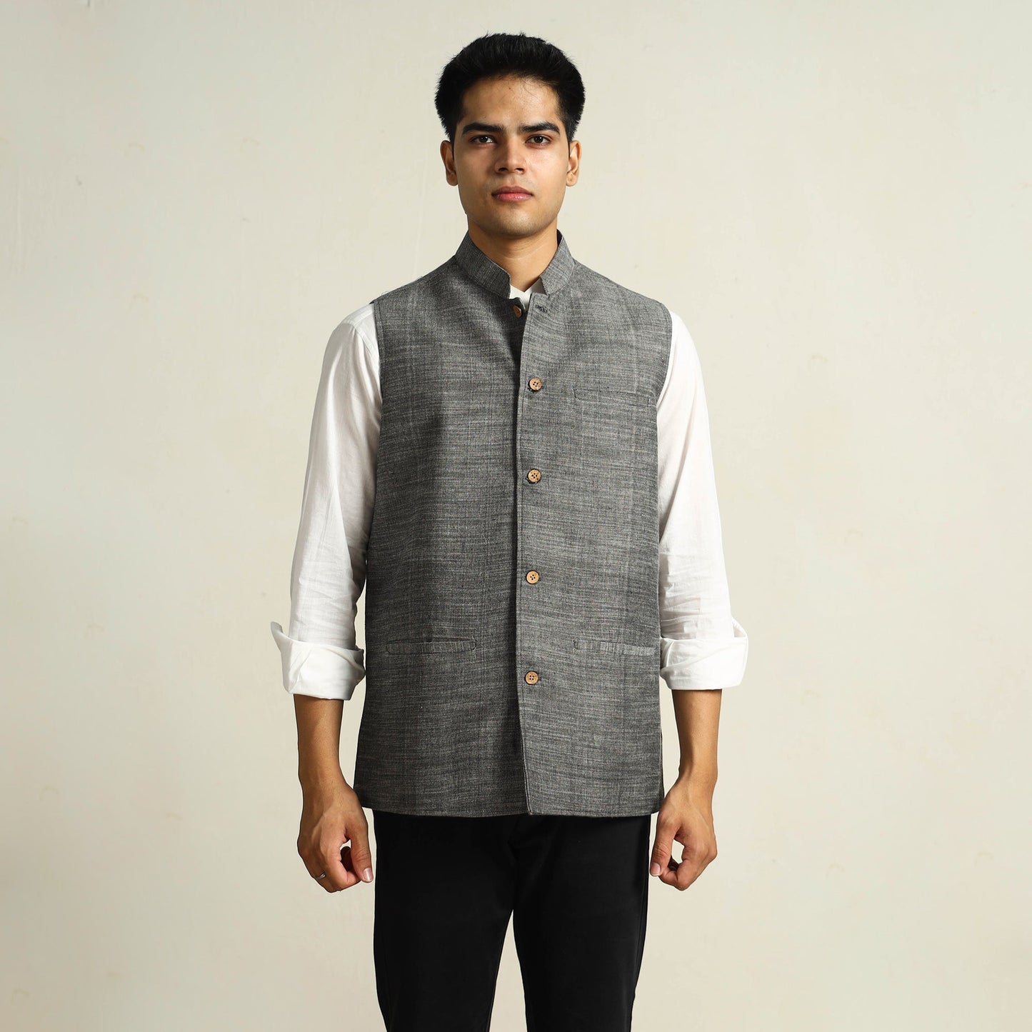 Grey - pure cotton handloom men nehru jacket 03