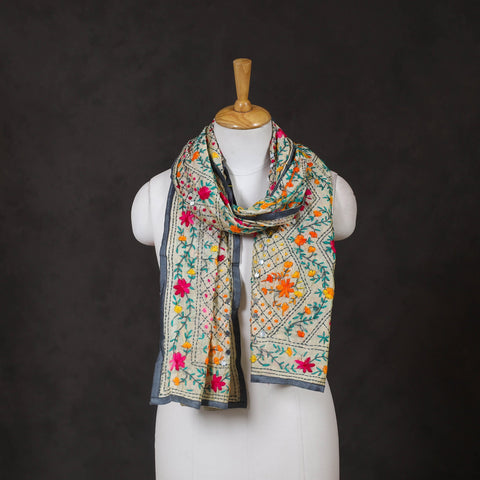 Grey Ranihati Chanderi Silk Hand Embroidered Stole