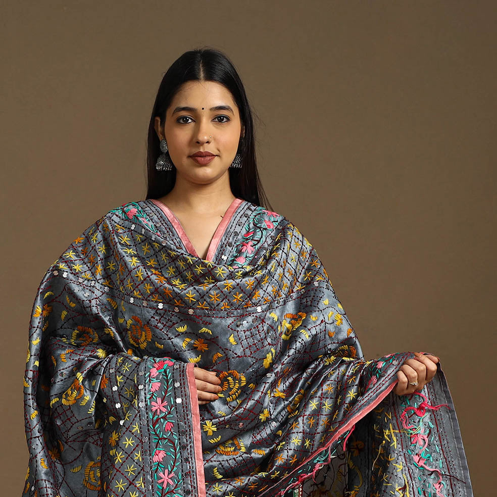 Buy Grey Ranihati Chanderi Silk Hand Embroidery Dupatta