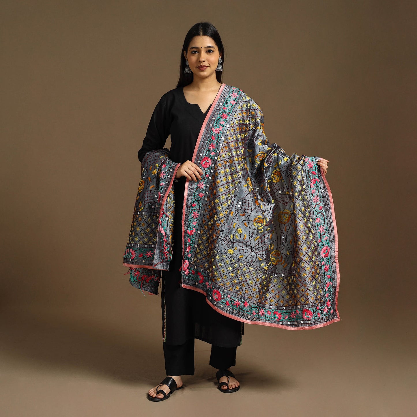 Buy Grey Ranihati Chanderi Silk Hand Embroidery Dupatta