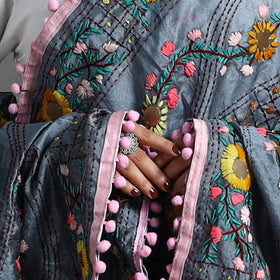  Grey Ranihati Hand Embroidery Chanderi Silk Dupatta