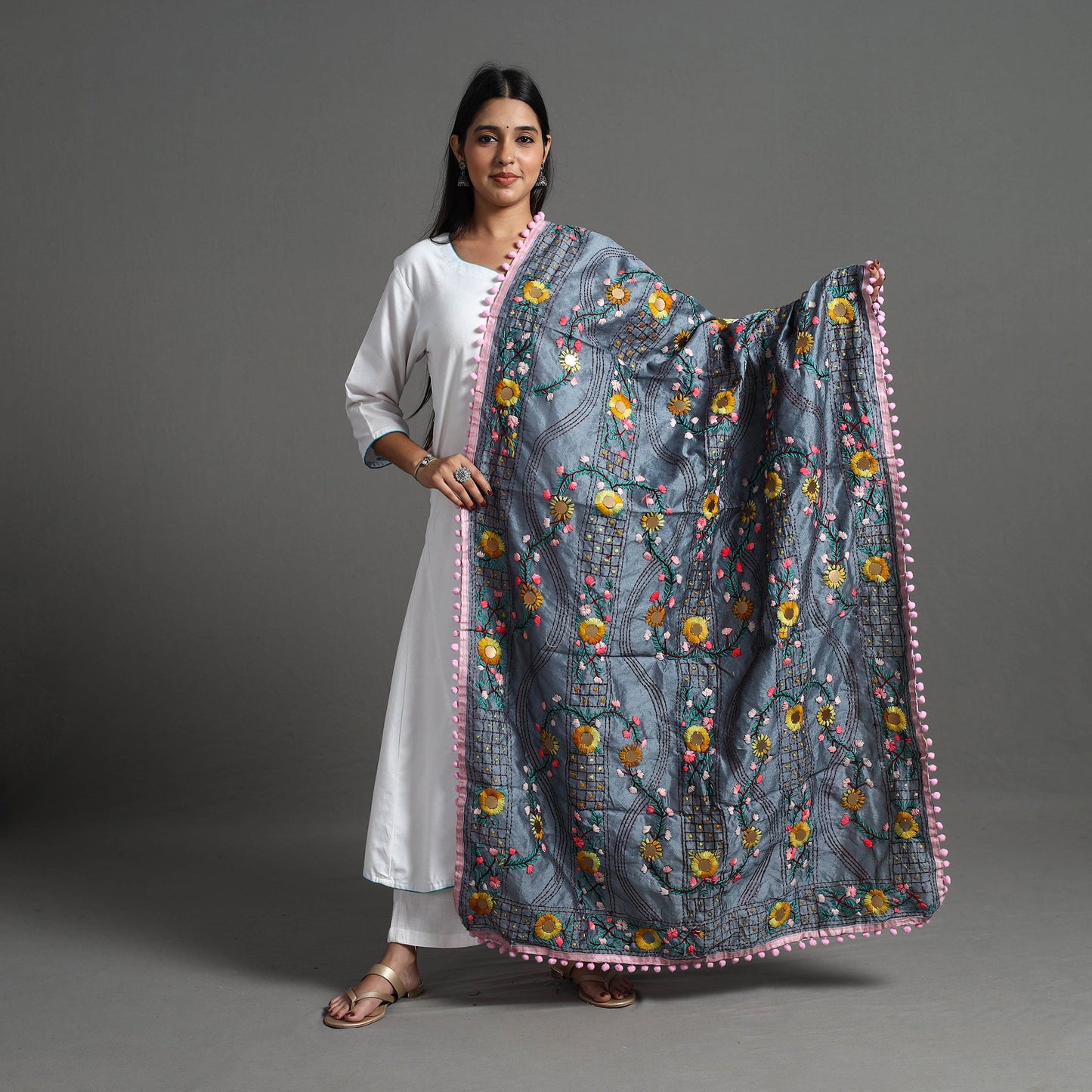  Grey Ranihati Hand Embroidery Chanderi Silk Dupatta