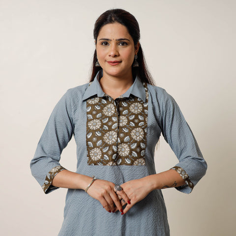  Running Stitch Cotton Straight Kurta with Sanganeri Patchwork 03 Online at iTokri.com