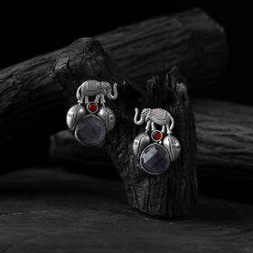 Grey - saanjh bela elephant & leaves oxidised earrings