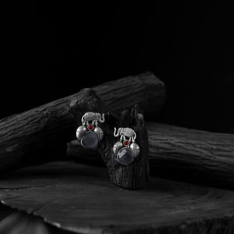 Grey - saanjh bela elephant & leaves oxidised earrings