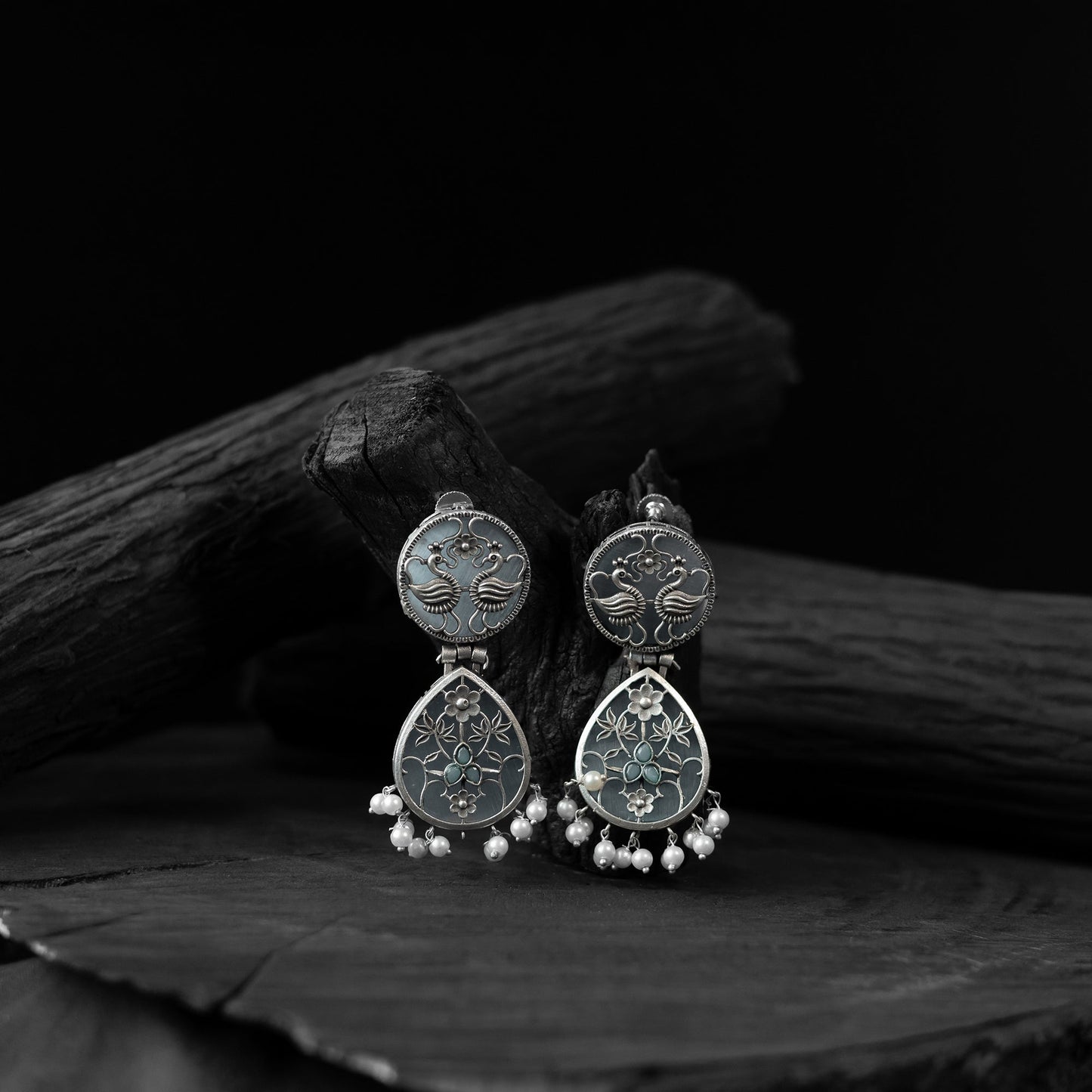 Grey - saanjh bela flower peacock oxidised earrings