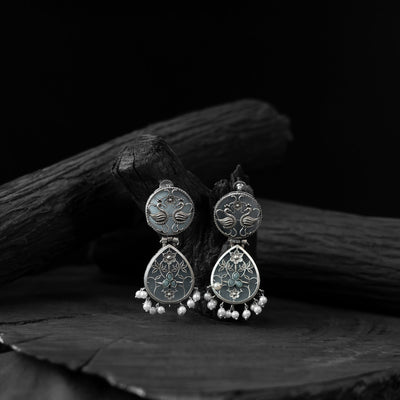 Grey - saanjh bela flower peacock oxidised earrings