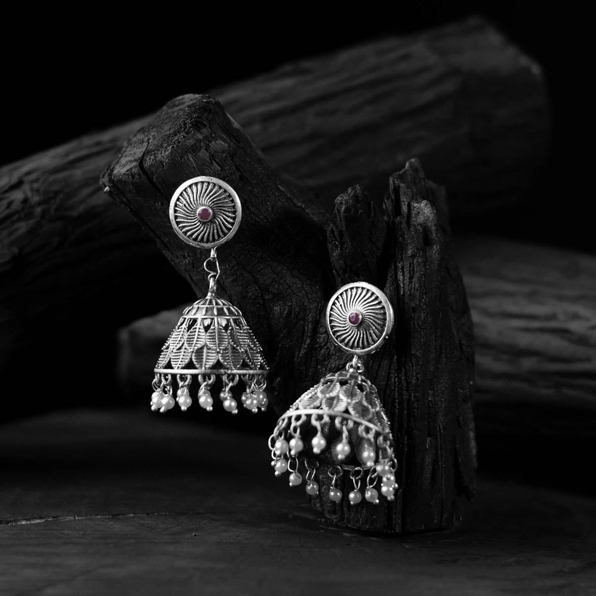 Grey - saanjh bela leaves oxidised jhumka earrings
