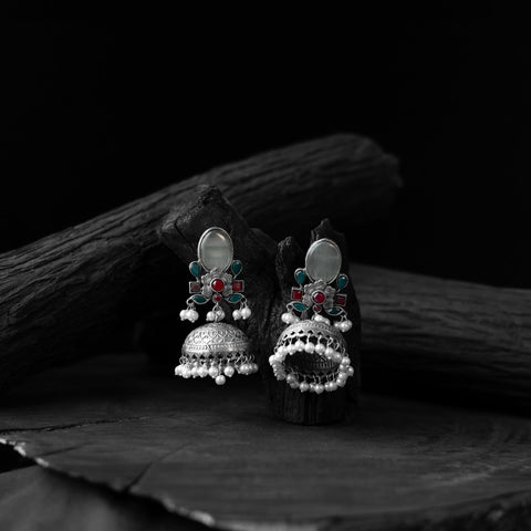 Grey - saanjh bela stone oxidised jhumka earrings