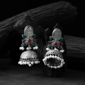 Grey - saanjh bela stone oxidised jhumka earrings