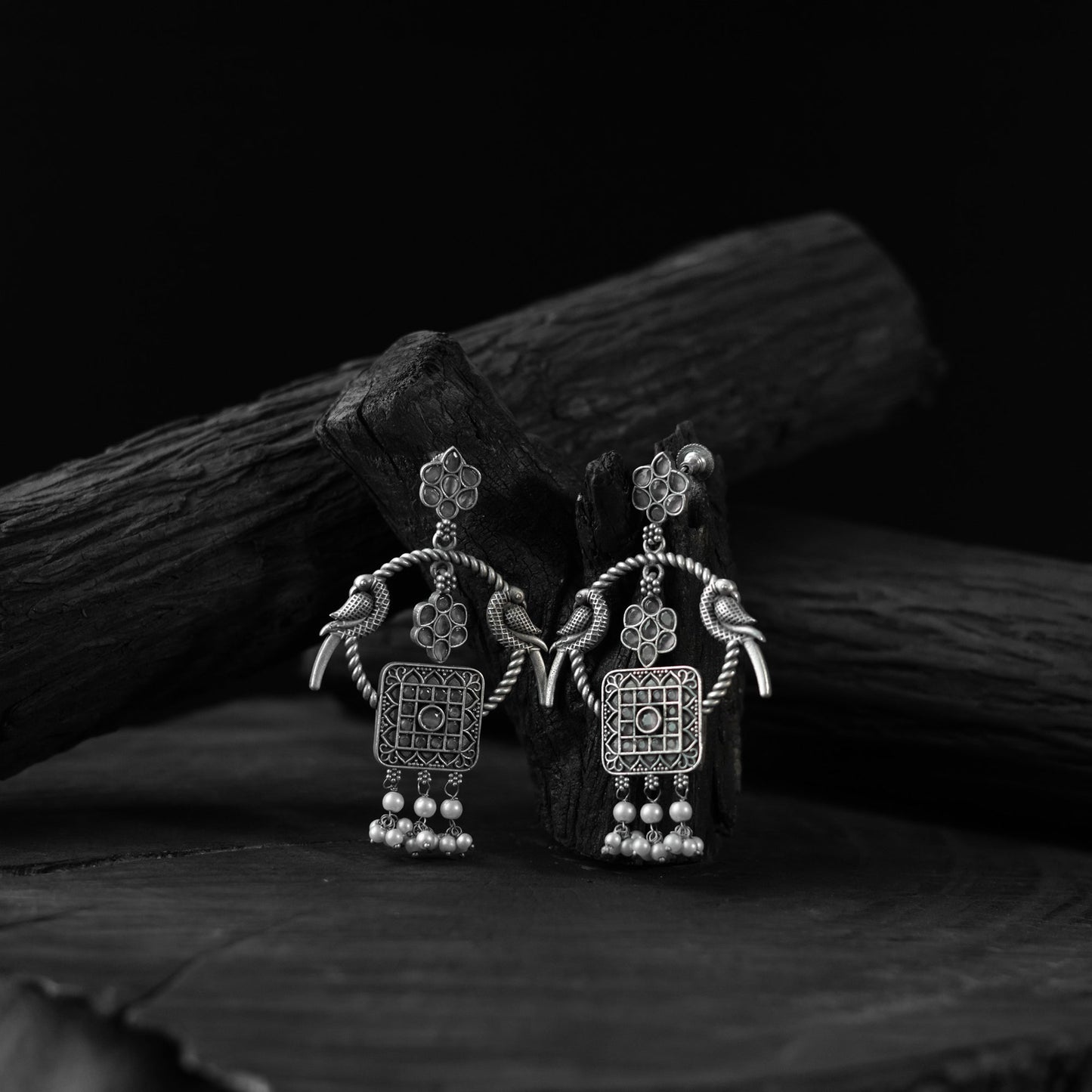 Grey - saanjh bela twin mayuri oxidised earrings