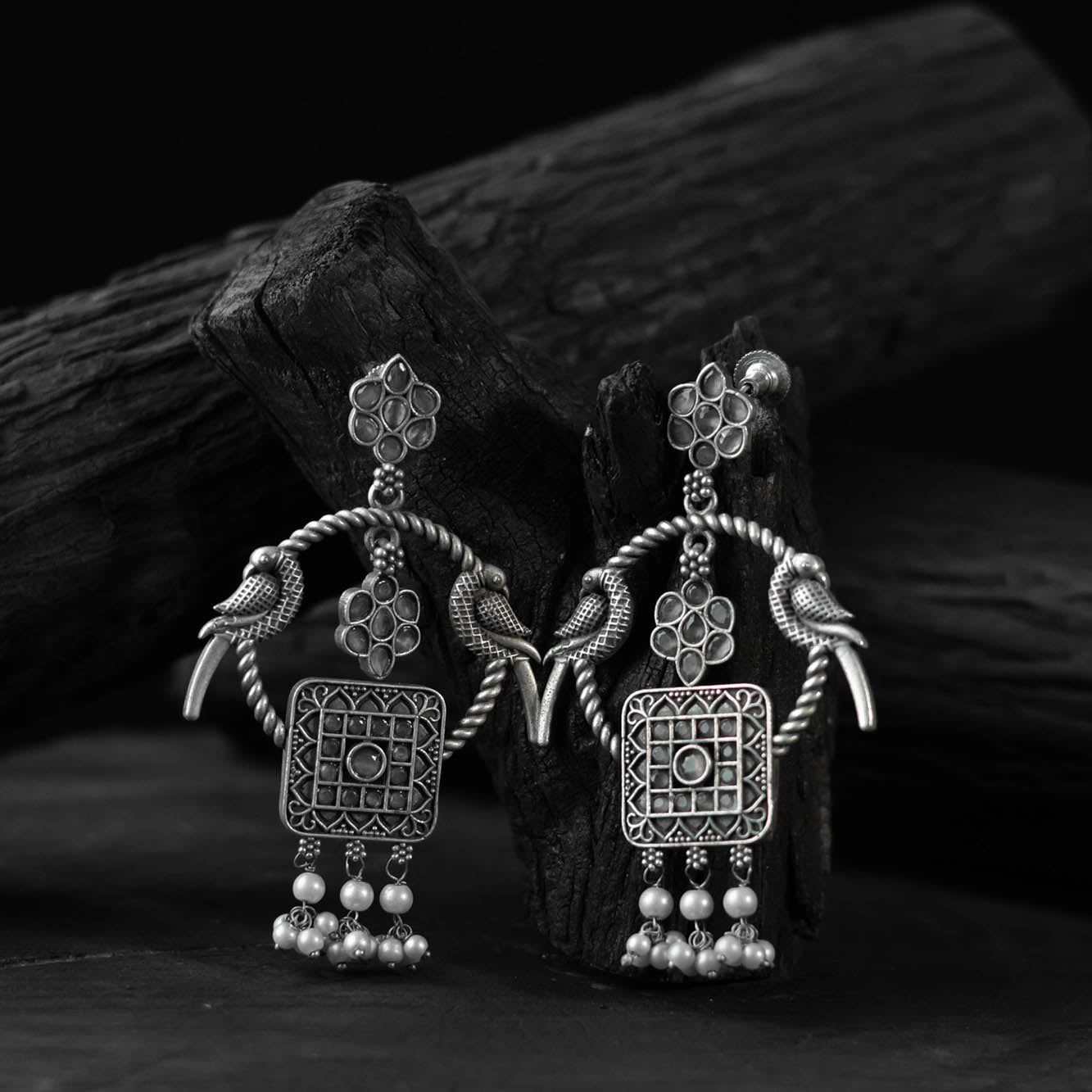 Grey - saanjh bela twin mayuri oxidised earrings