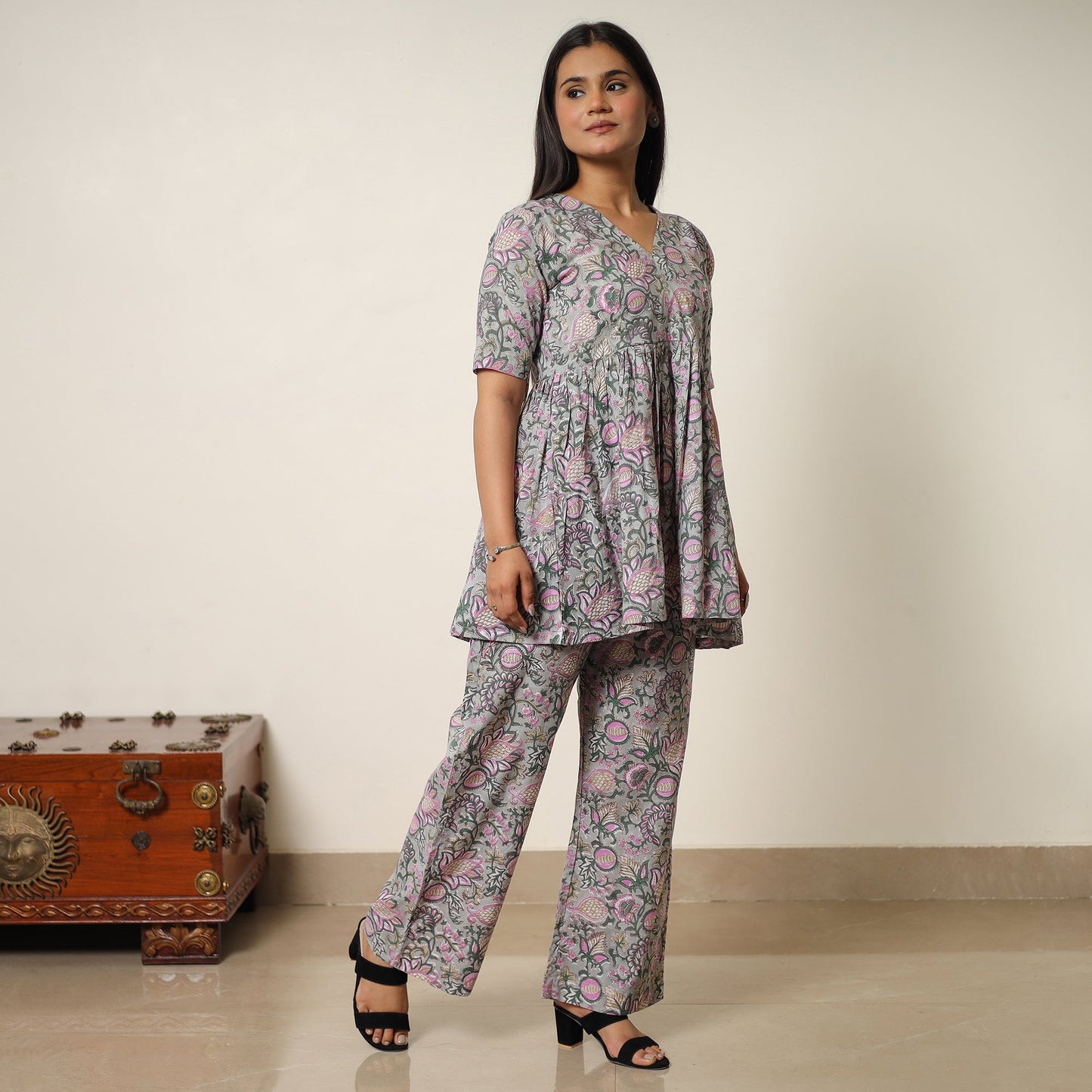 Grey - sanganeri block printed cotton co-ord set 06