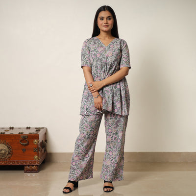 Grey - sanganeri block printed cotton co-ord set 06