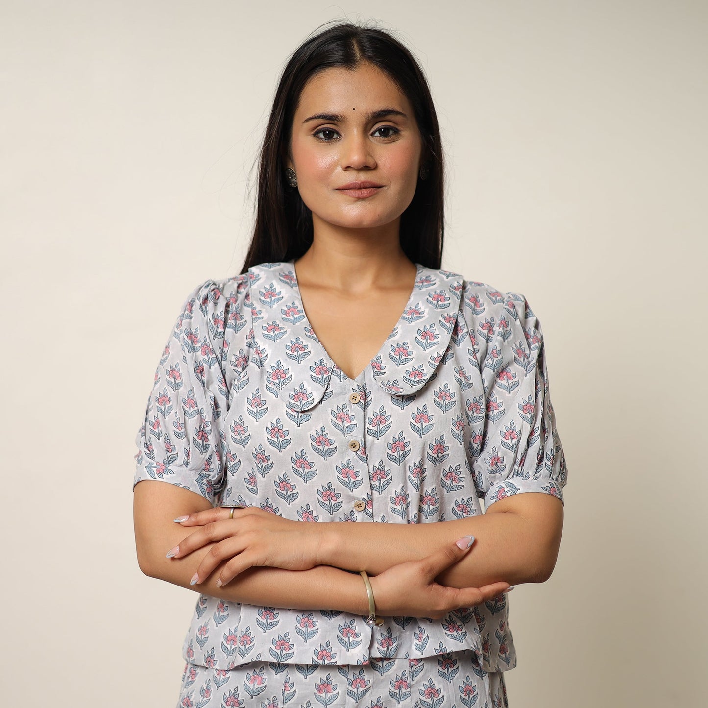 Grey - sanganeri block printed cotton co-ord set 25