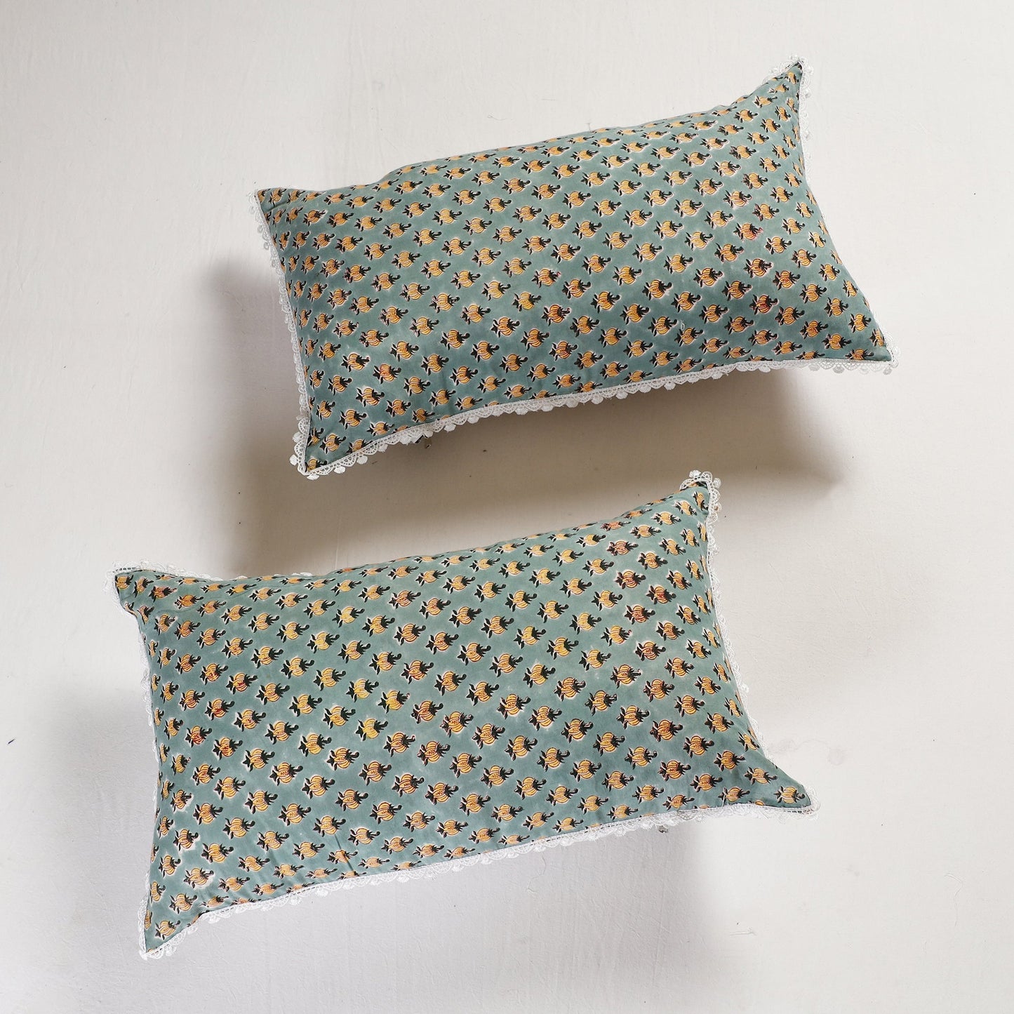 BuySanganeri Block Printed Cotton Pillow Cover With Lace (26 x 16 in) - Set of 2 