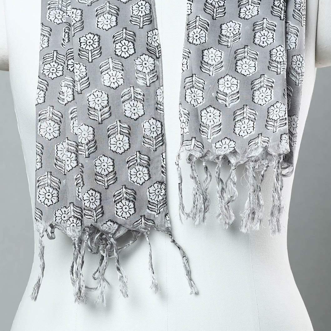 Grey - Sanganeri Block Printed Cotton Stole with Tassels 30