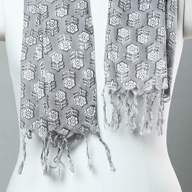 Grey - Sanganeri Block Printed Cotton Stole with Tassels 30