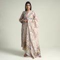 Grey - Sanganeri Block Printed Maheshwari Silk Kurta with Palazzo & Dupatta Set