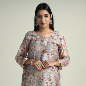 Grey - Sanganeri Block Printed Maheshwari Silk Kurta with Palazzo & Dupatta Set