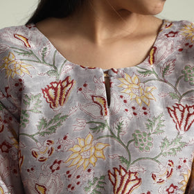 Grey - Sanganeri Block Printed Maheshwari Silk Kurta with Palazzo & Dupatta Set