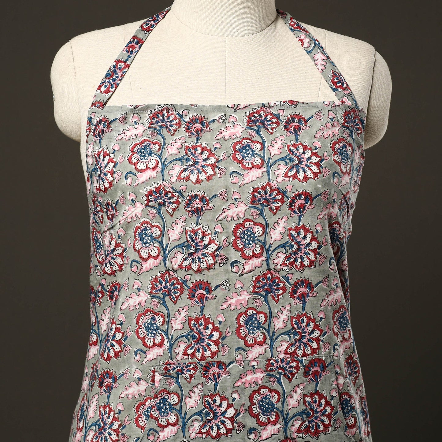 Grey - sanganeri cotton apron with pocket 07 - handcrafted