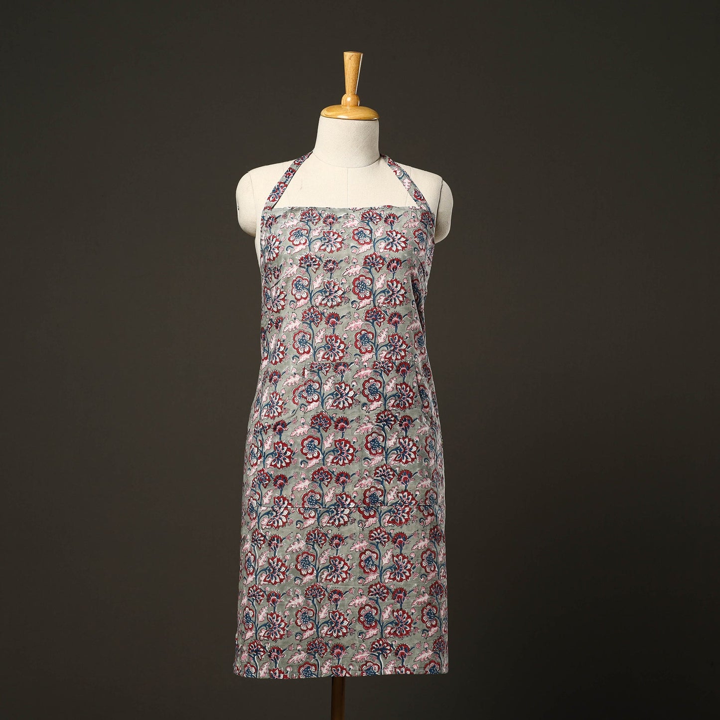 Grey - sanganeri cotton apron with pocket 07 - handcrafted