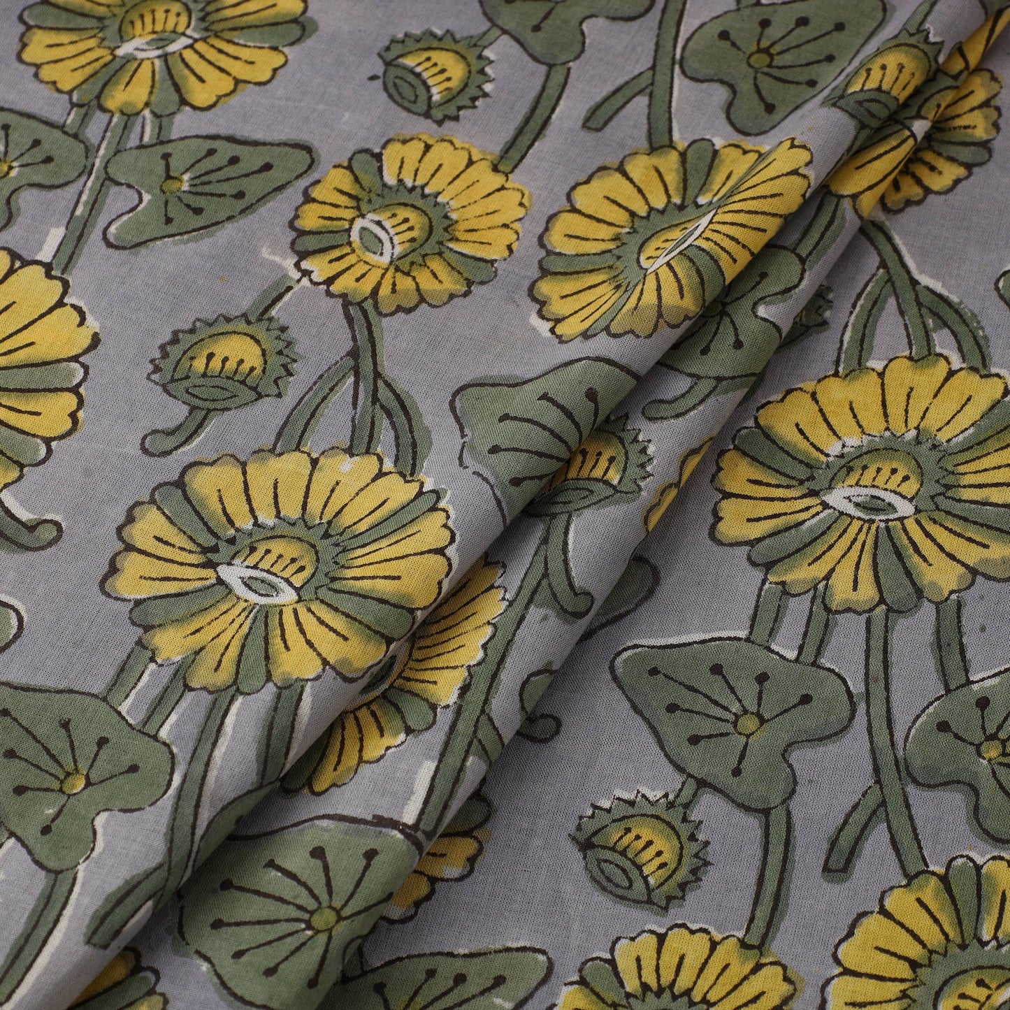 Grey Sanganeri Block Print Cotton Fabric