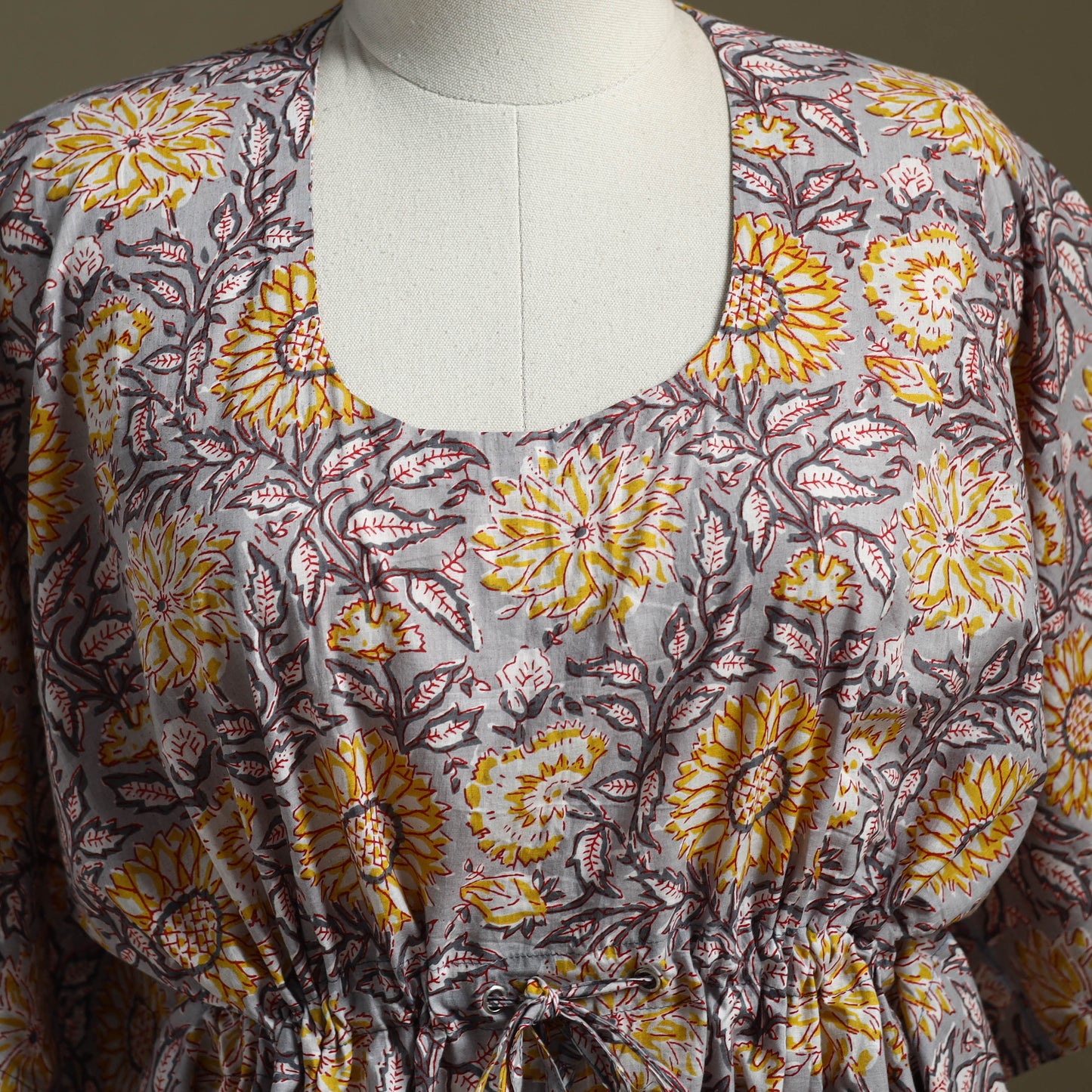 Grey Sanganeri Block Print Cotton Kaftan (Short)