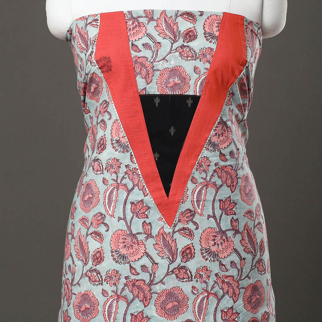 Grey - sanganeri cotton patchwork unstitched kurta material
